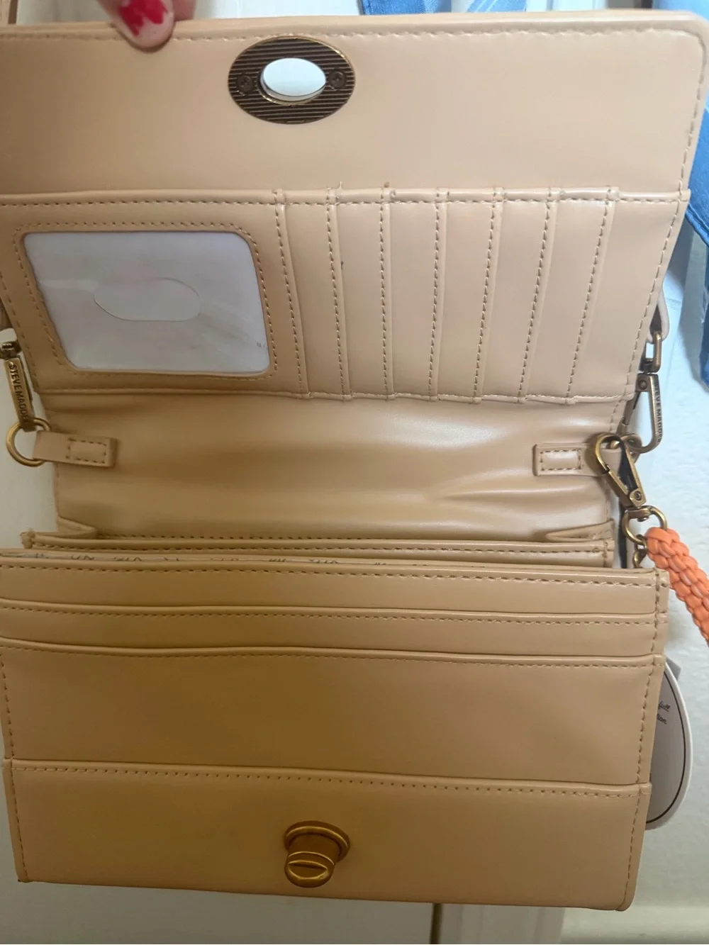 Steve Madden Blue Logo Crossbody with Tan Strap and Scarf Accent